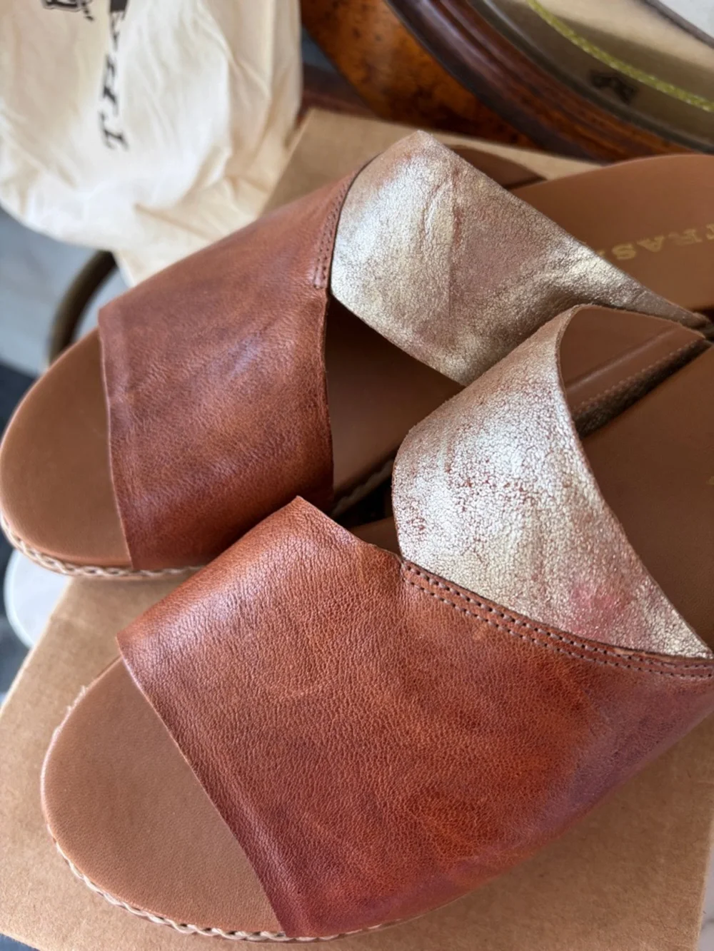 RSVD: Trask Leather Slide Sandals Brown and Metallic - Picture 9 of 10